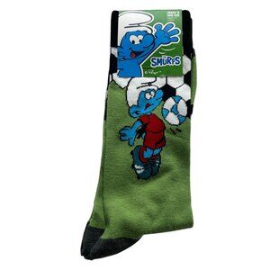 Green Cartoon Soccer Crew Socks Men’s One Size Blue Character Kicking Ball